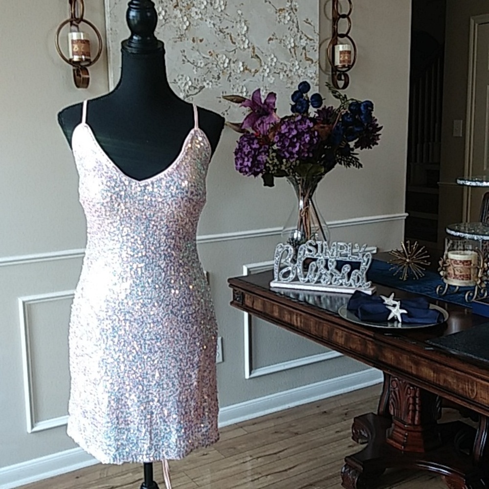 Eilly Bazar Embellished Light Pink Cocktail Mini Dress Size L - Picture 7 of 17